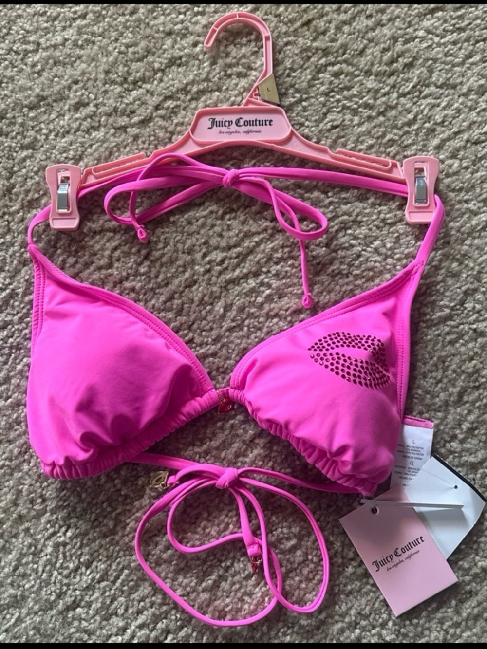 Juicy Couture Bright Pink Crystal Lip Triangle Bikini Top